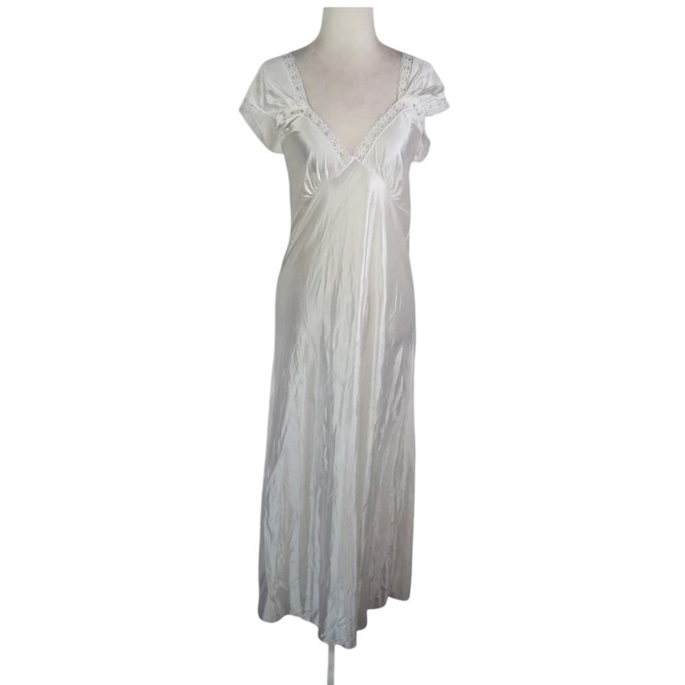 Vintage White Silky Slip Dress w/ Lace Trim Maxi Length